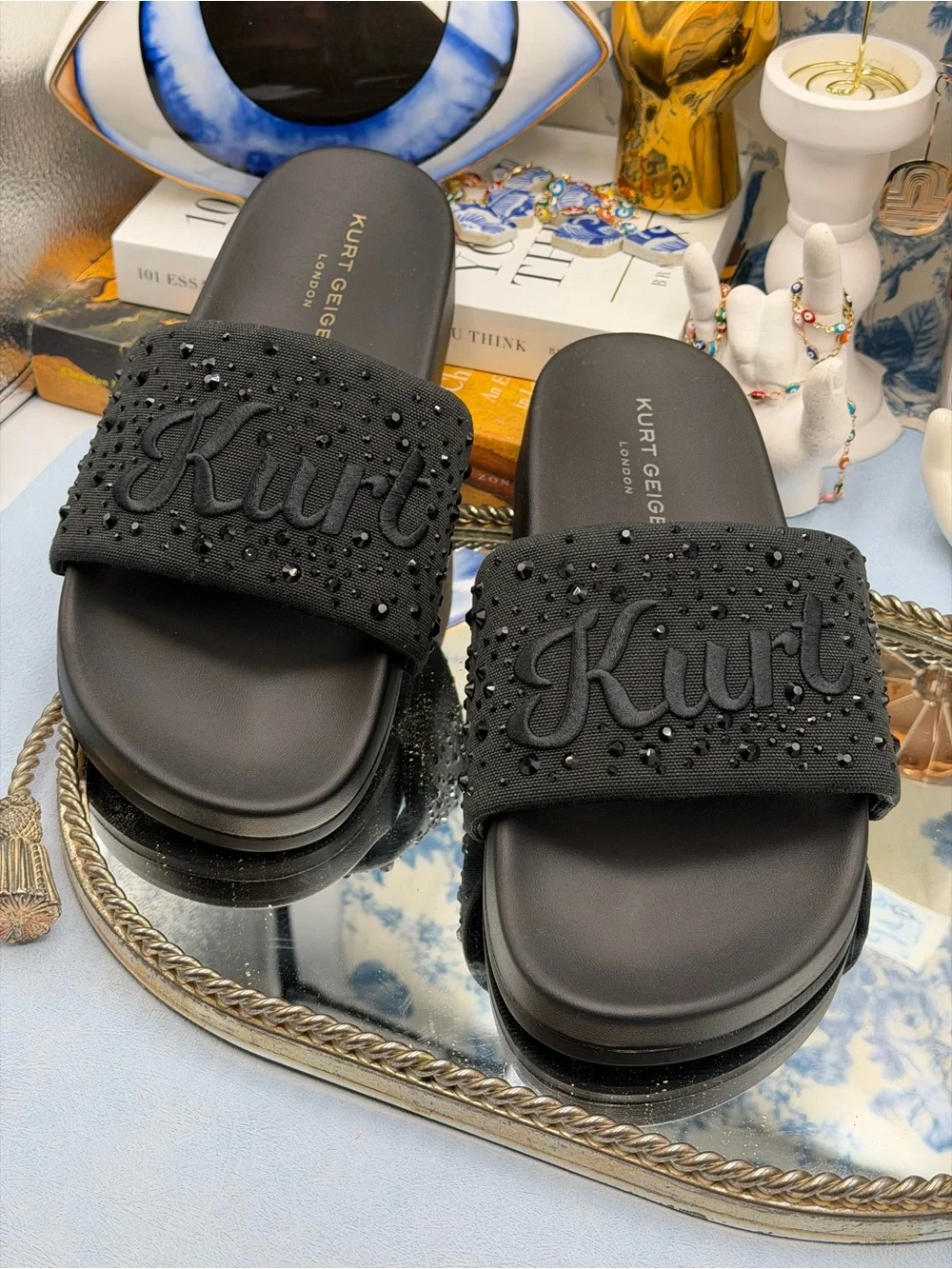 🆕 KURT GEIGER LONDON 🧿 NWOB Brockwell Black Embroidered Logo KURT Slide Sandal